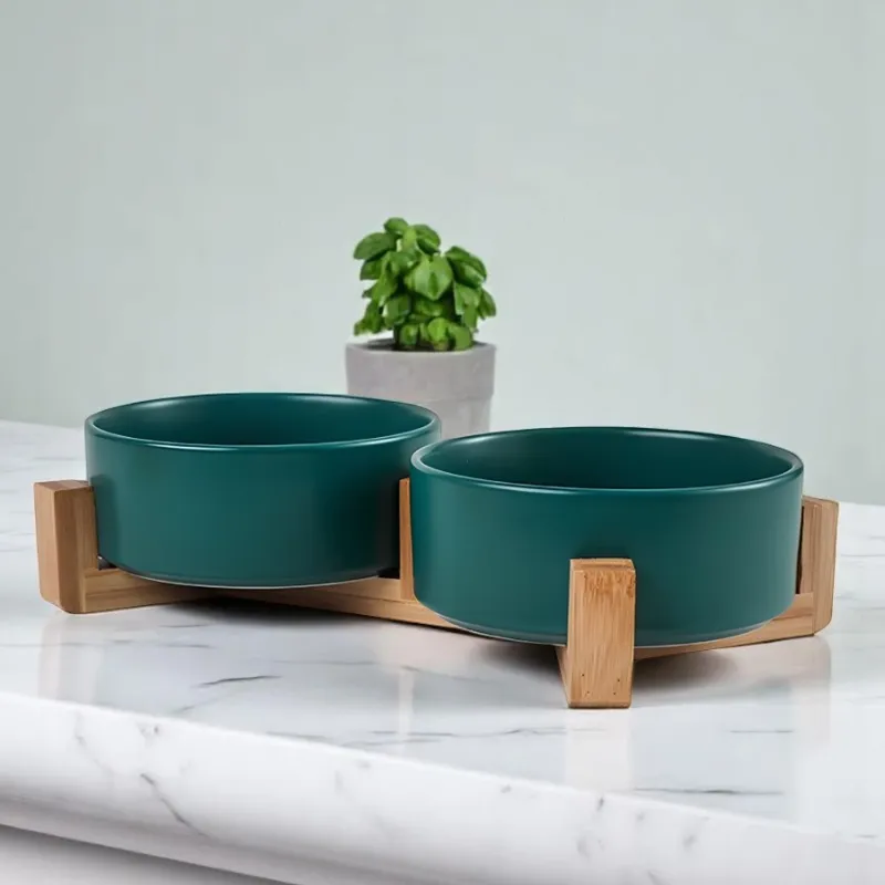 Миска керамическая на подставке ДВОЙНАЯ ЗЕЛЕНАЯ (0.3л)